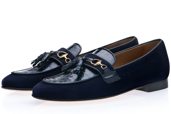 BRUNO CROCOSUEDE NAVY SLIPPERS