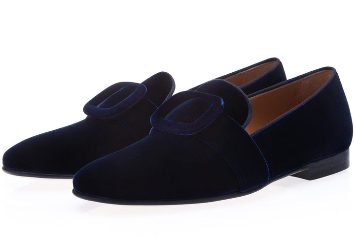 SAVOY VELOUR NAVY SLIPPERS Slippers Superglamourous
