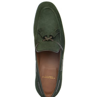Top-down view of the Superglamourous Philippe-R loafer in musk green velukid suede, featuring the vamp and branded insole | Image 4