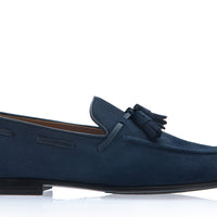 Side profile of the Superglamourous Philippe-R loafer in navy blue velukid, displaying its elegant and sleek silhouette | Image 3