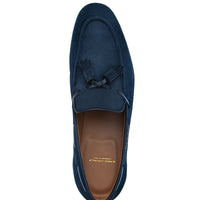Top-down view of the Superglamourous Philippe-R loafer in navy blue velukid suede, featuring the vamp and branded insole | Image 4