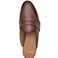 A single brown leather mule loafer shown from a top-down view on a plain white background. | Image 4
