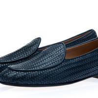 TANGERINE INTRECCIATO NAVY BELGIAN LOAFERS | Image 1