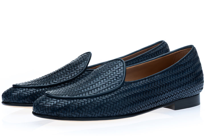 TANGERINE INTRECCIATO NAVY BELGIAN LOAFERS