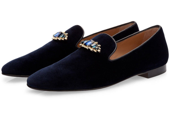 JOEL VELOUR NAVY SLIPPERS Slippers Superglamourous