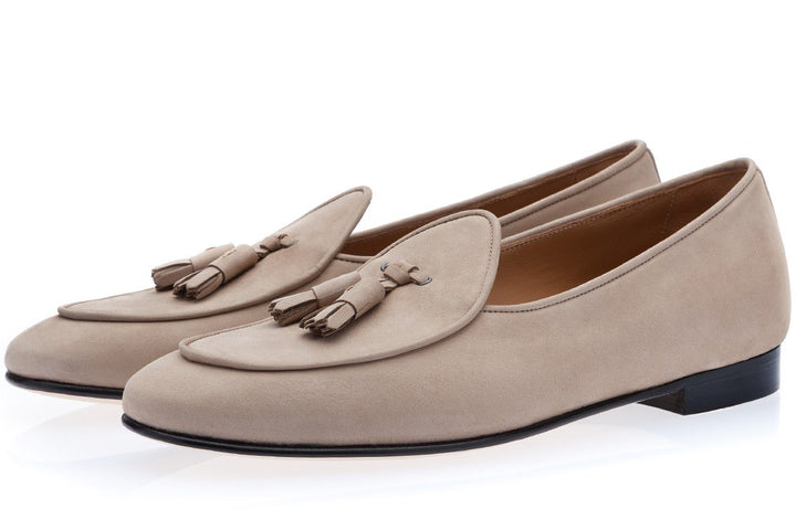 TANGERINE 2 NABUK TAUPE BELGIAN LOAFERS Belgian Loafers Superglamourous