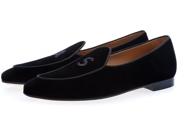 TANGERINE MONOGRAMS VELOUR BLACK BELGIAN LOAFERS Belgian Loafers Superglamourous